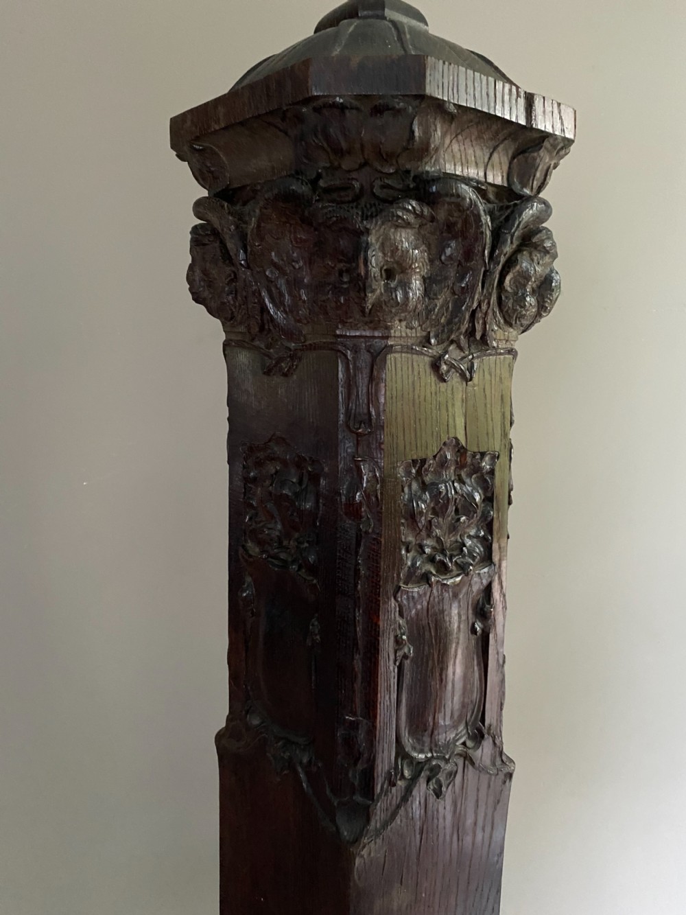 RARE Art Nouveau Carved Oak Newel Post OWLS AND CARTOUCHES View V