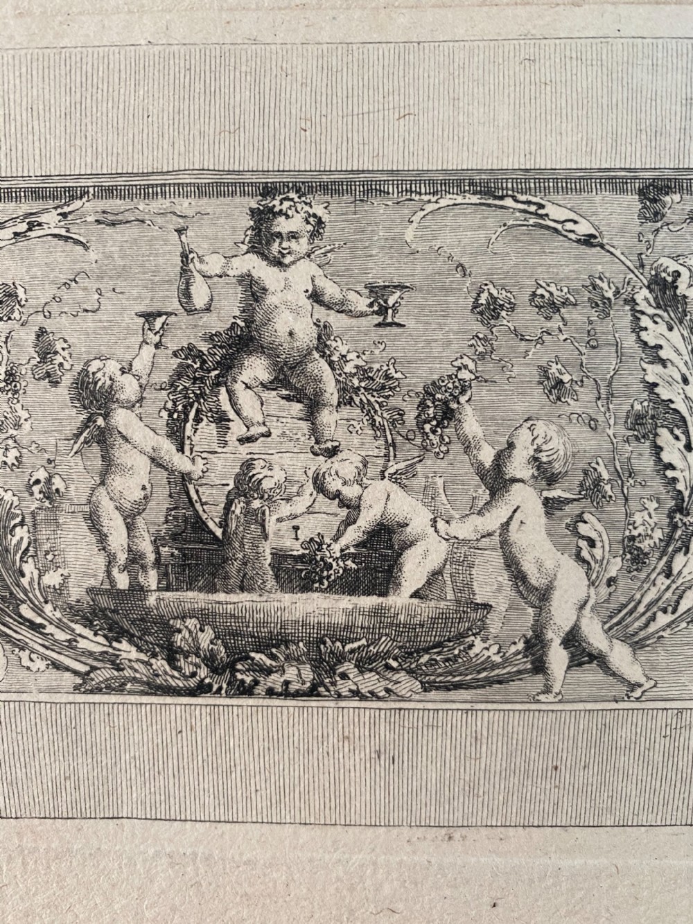 RARE 18th Century Engraving Mythical Beasts Cherubs Gilles Paul Cauvet View II