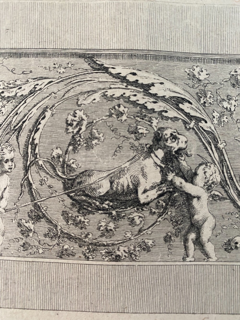 RARE 18th Century Engraving Mythical Beasts Cherubs Gilles Paul Cauvet View V