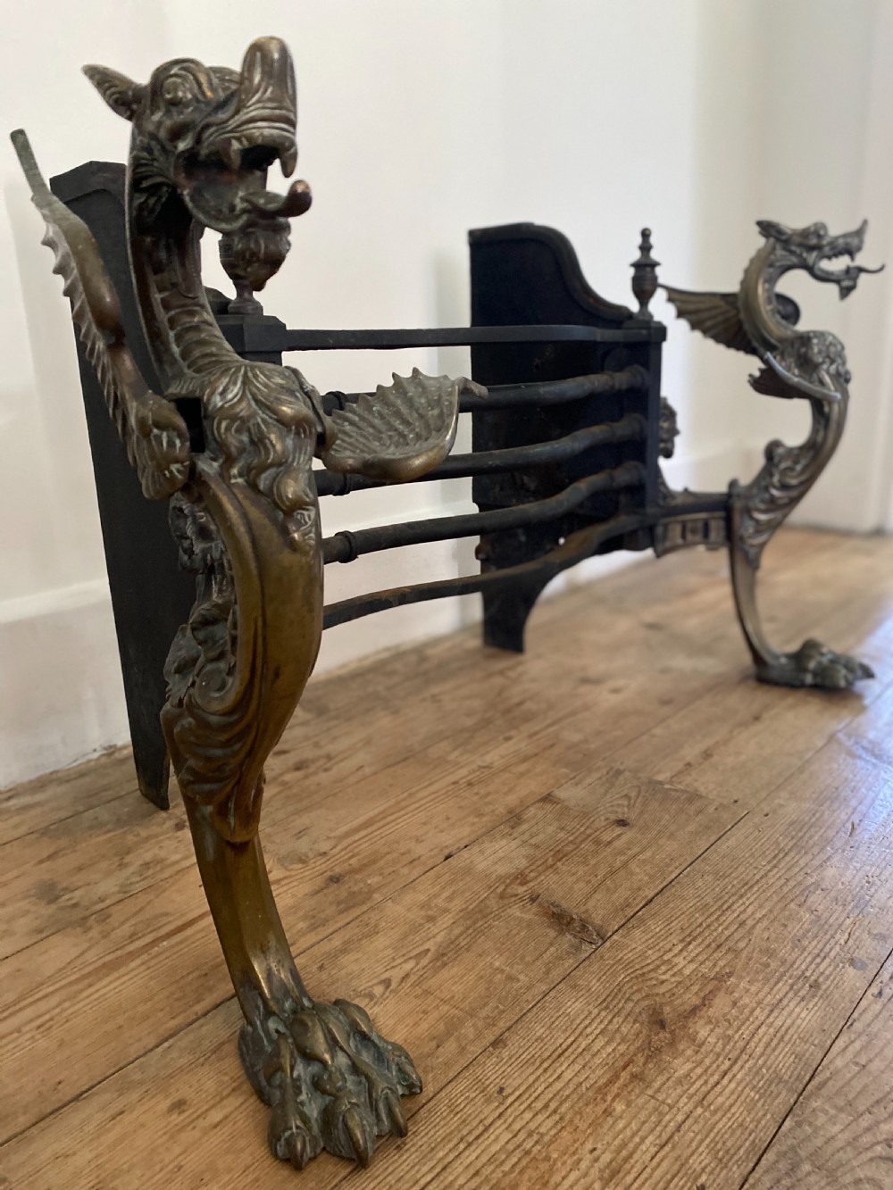 19th Century Brass and Iron Winged Griffin Fire Grate 
