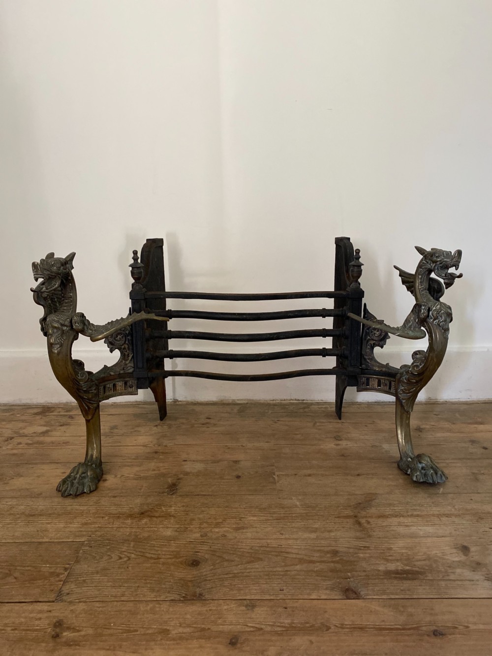 19th Century Brass and Iron Winged Griffin Fire Grate  View II
