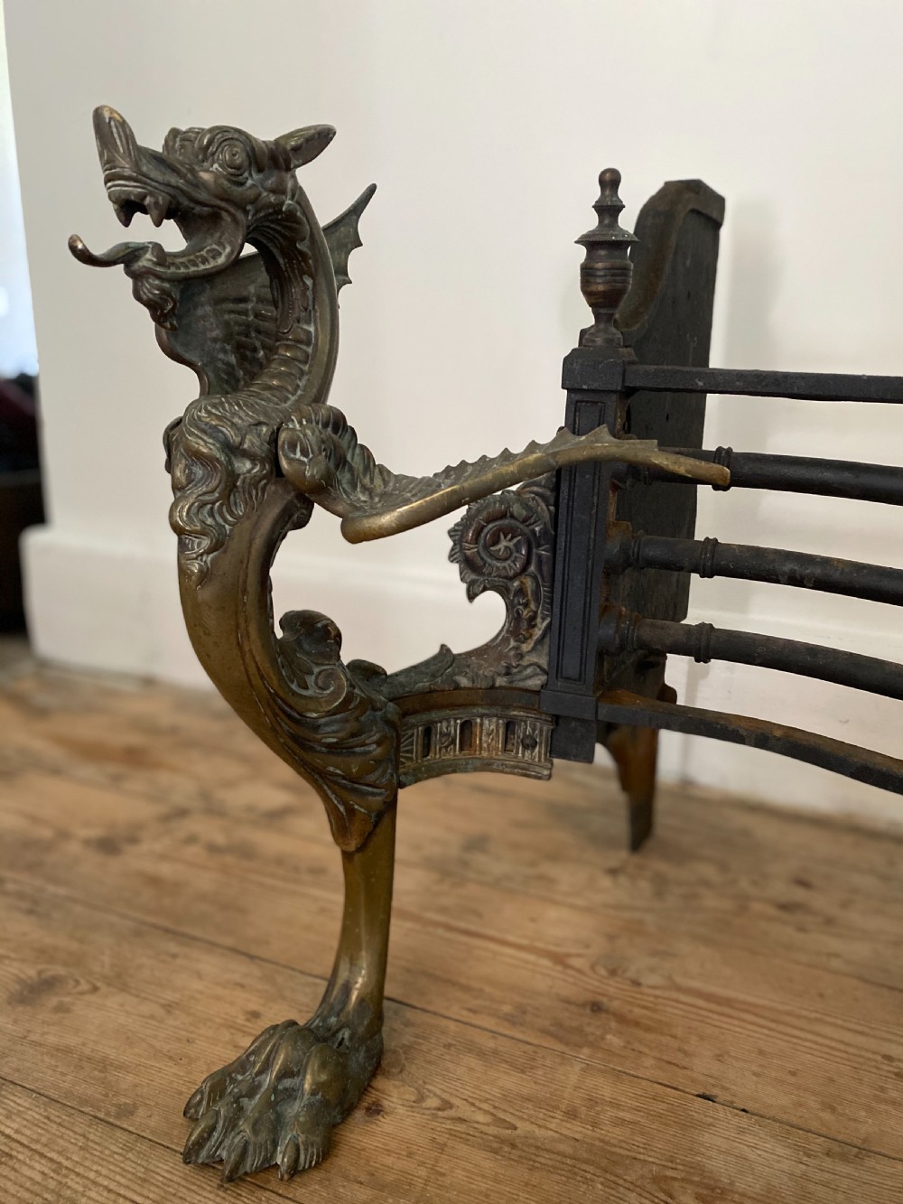 19th Century Brass and Iron Winged Griffin Fire Grate  View III