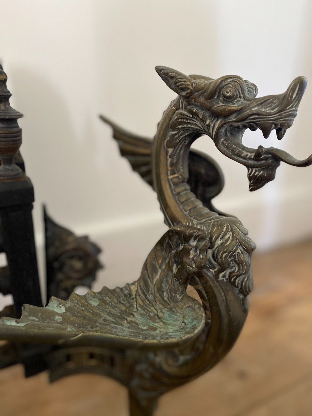 19th Century Brass and Iron Winged Griffin Fire Grate  View V