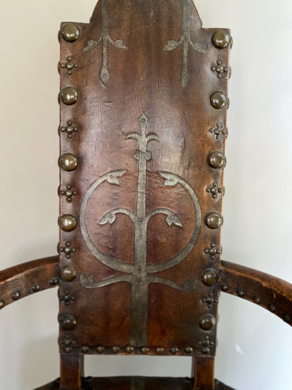 19th Century Painted Leather Caqueteuse Gothic Oak Chair View II
