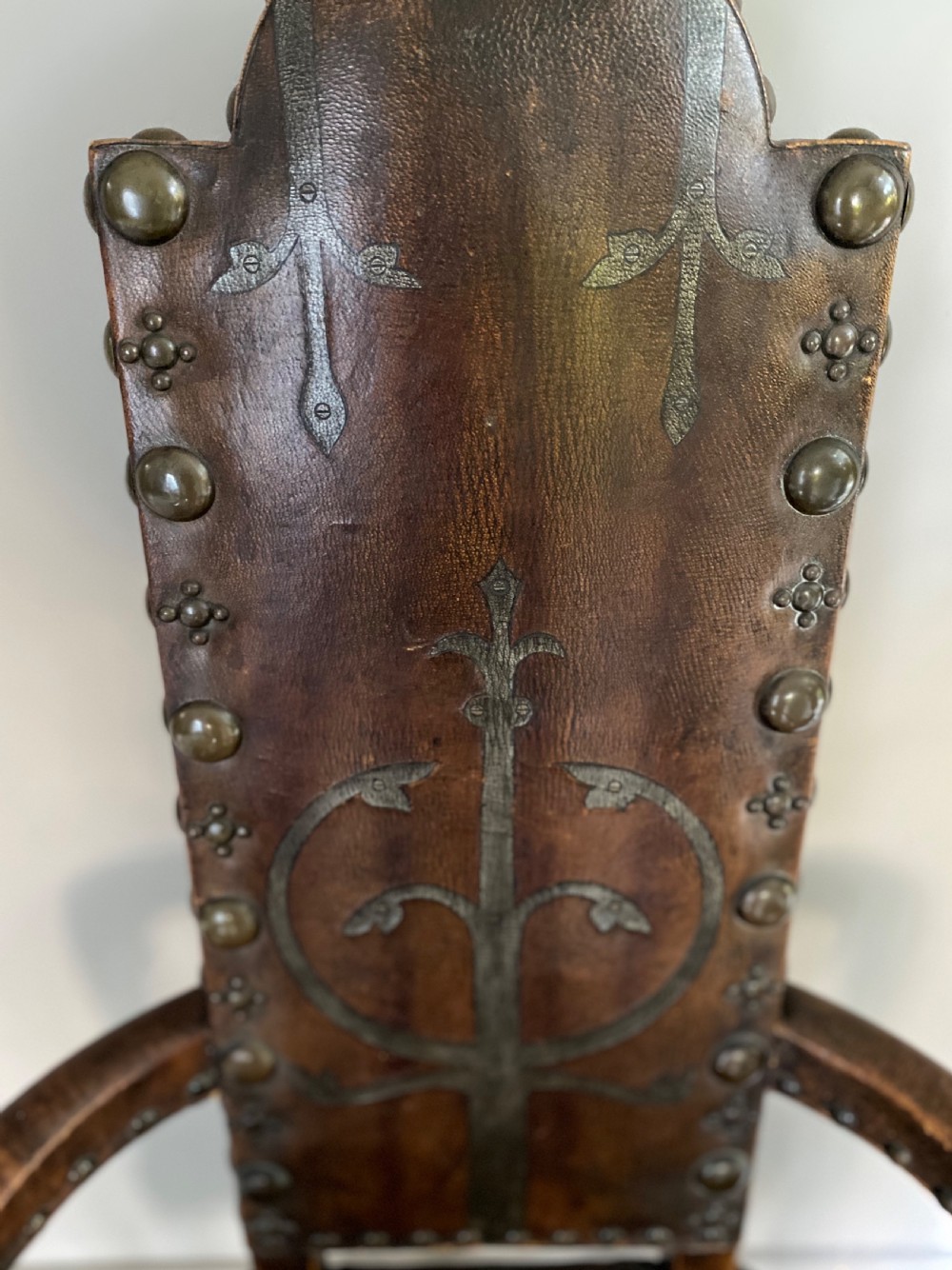 19th Century Painted Leather Caqueteuse Gothic Oak Chair View III