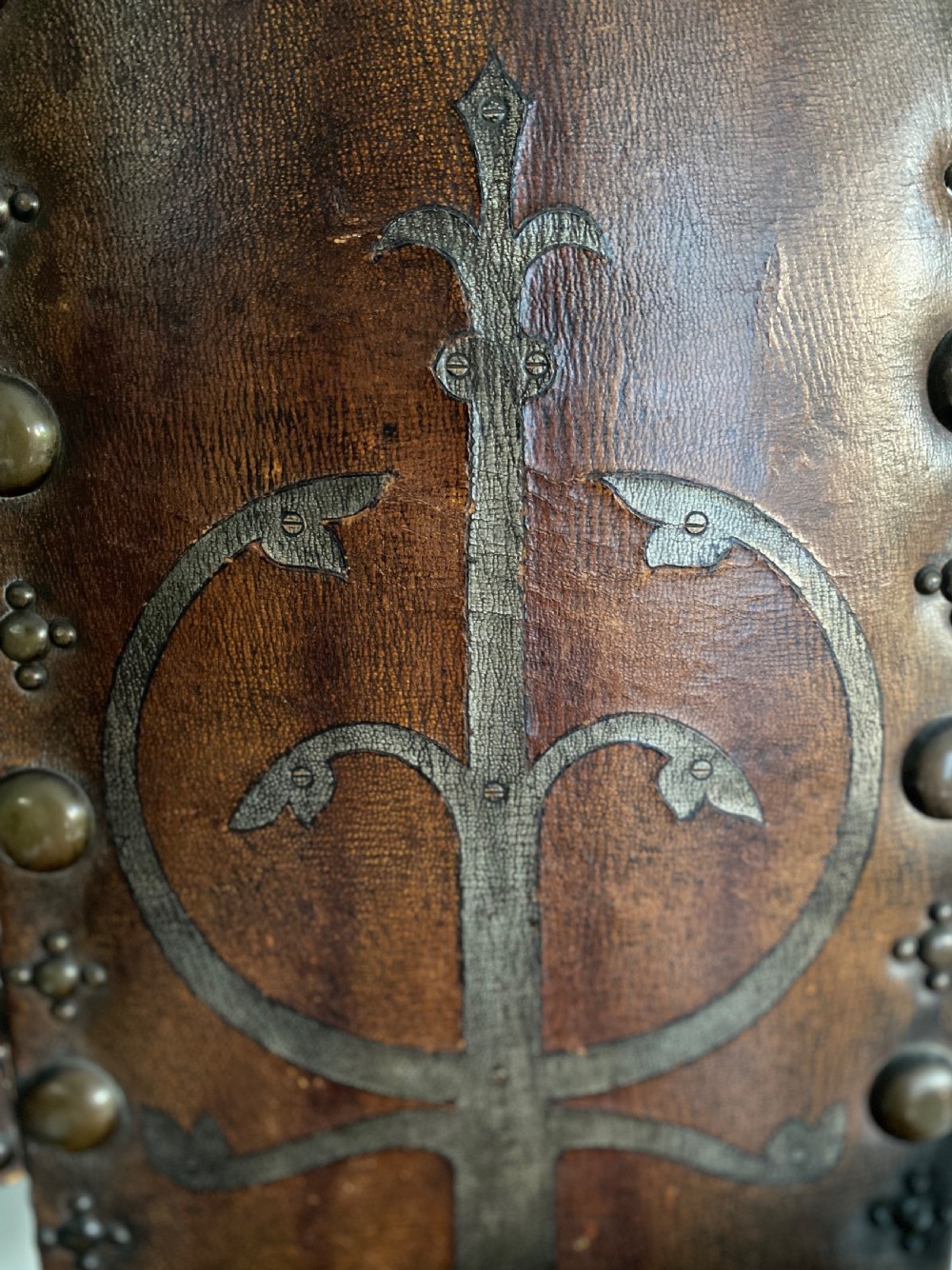 19th Century Painted Leather Caqueteuse Gothic Oak Chair View IV