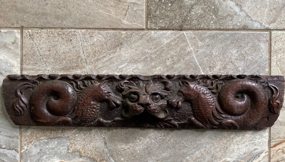 18th Century Carved Oak Hippocampus and Green Man Panel