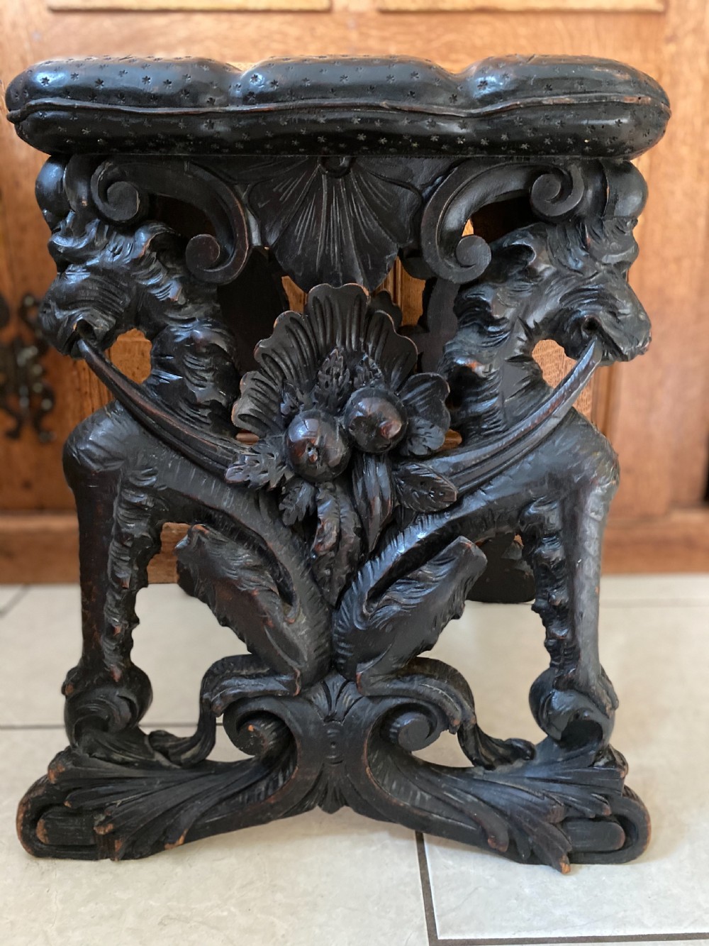 18th Century Baroque Grotto Walnut Carved Mythical Dogs 