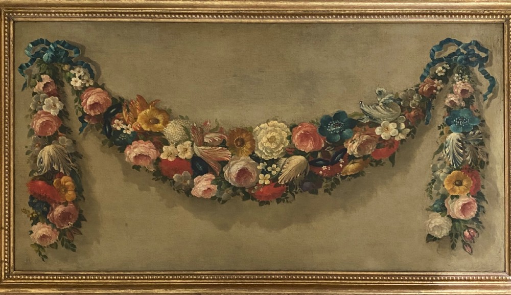 Large Early 19th Century Floral Swag Italian Oil Painting