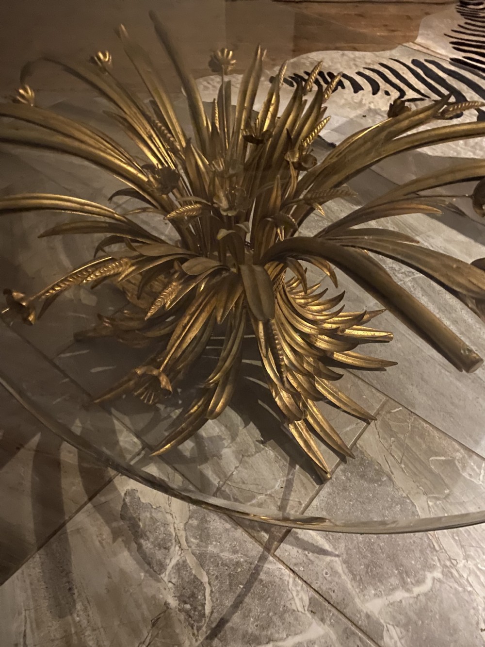 Antique French Large Oval Gilt  Wheatsheaf Flowers Coffee Table View V
