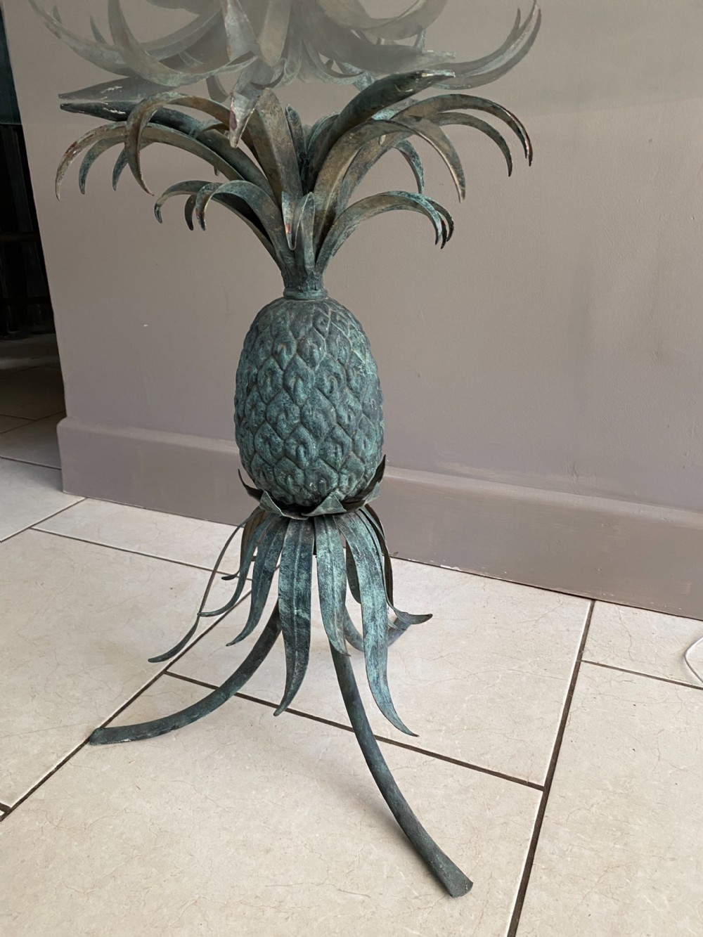 Rare Antique Verdigris Pineapple Glass Coffee Table  View II