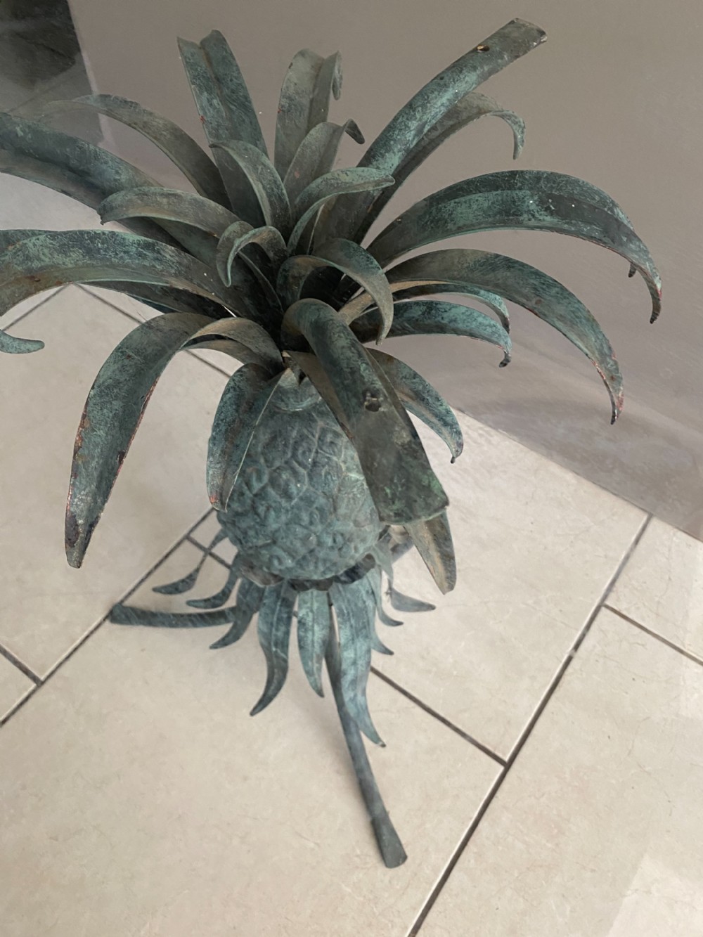 Rare Antique Verdigris Pineapple Glass Coffee Table  View III