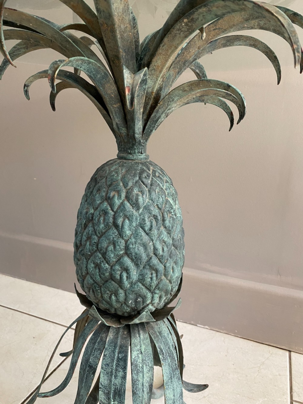 Rare Antique Verdigris Pineapple Glass Coffee Table  View IV