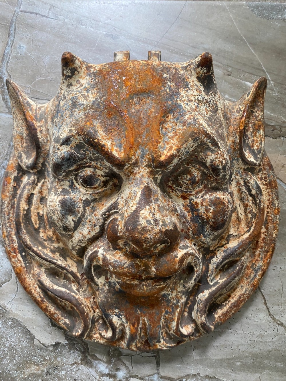 Antique Cast Iron Devil Head .Architectural Salvage