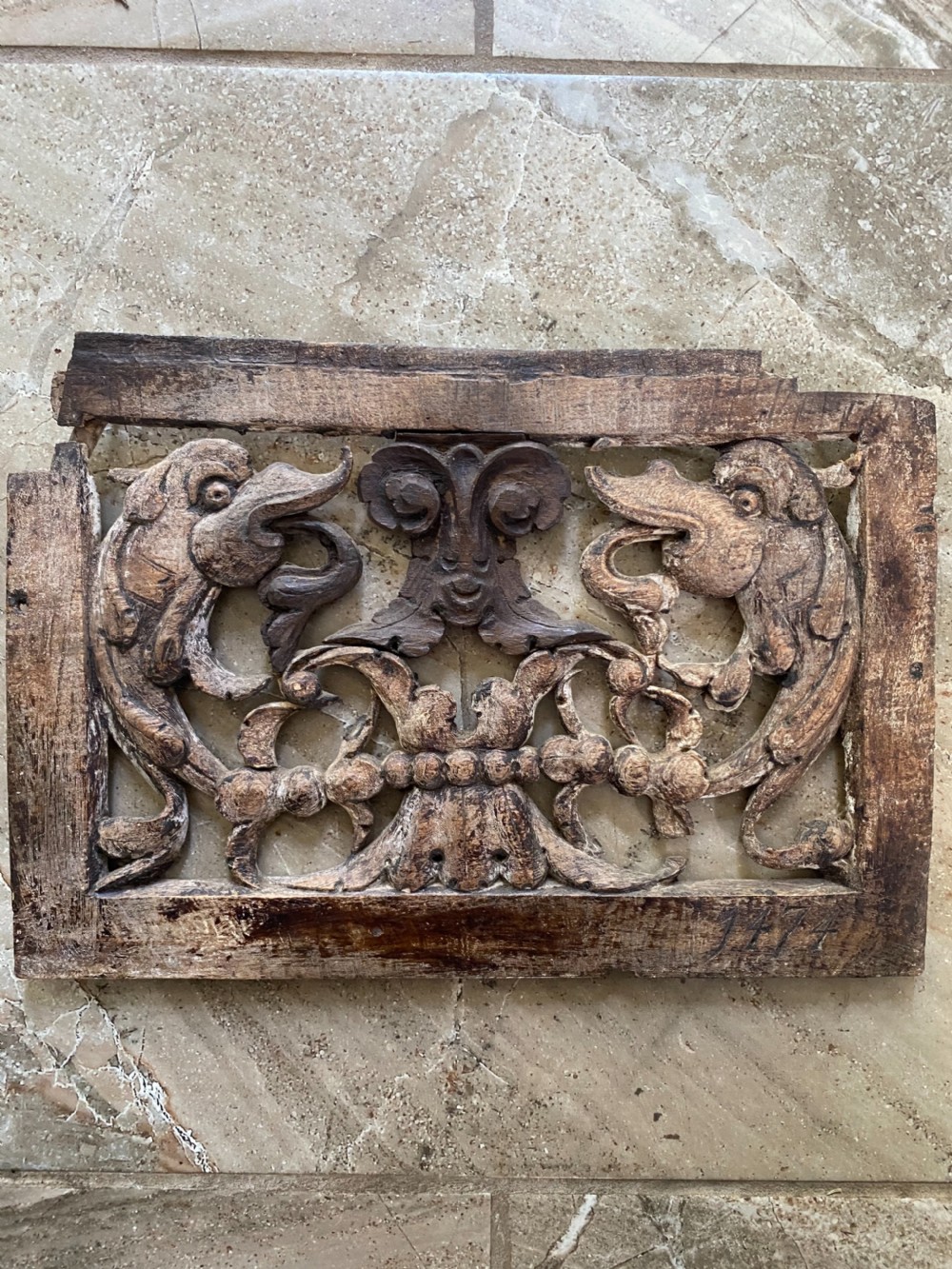 RARE 15TH CENTURY Carved Oak Mythical Beast Panel 