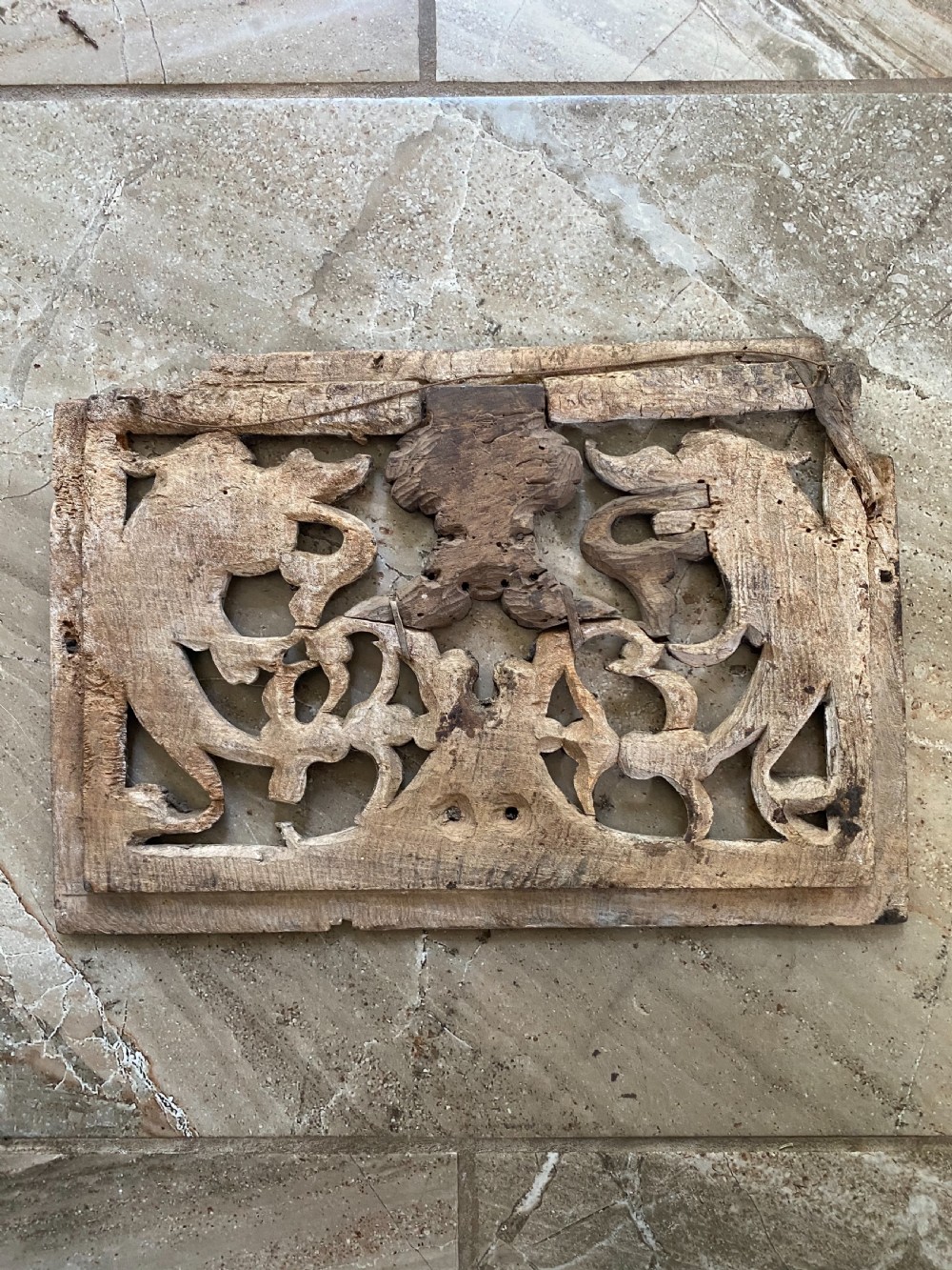 RARE 15TH CENTURY Carved Oak Mythical Beast Panel  View II