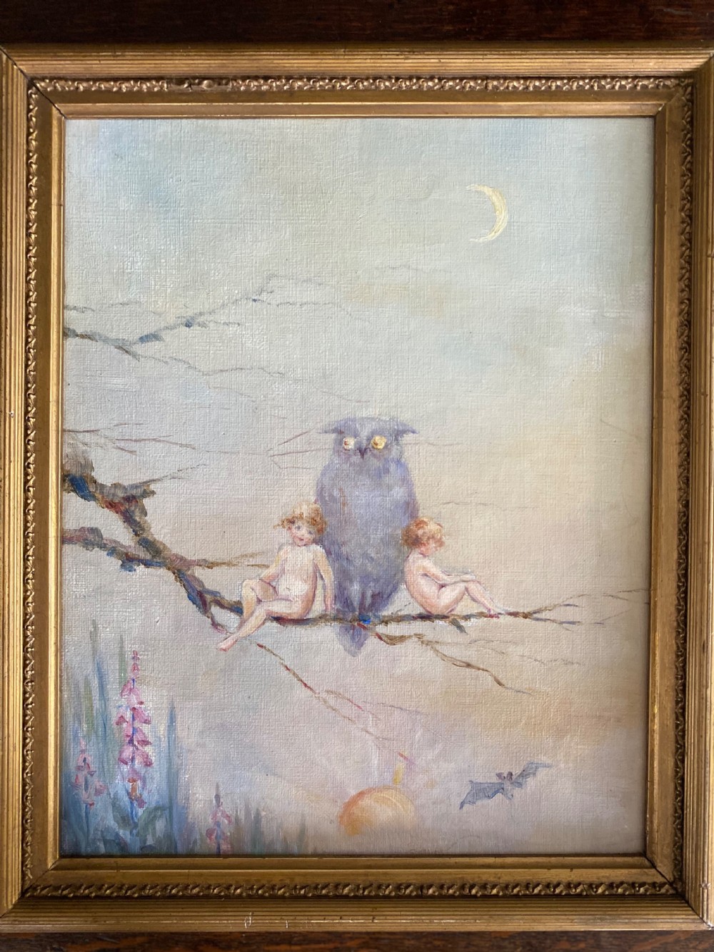 Arts Crafts Oil Painting Cherubs and Owls