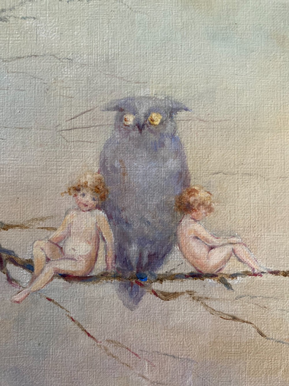 Arts Crafts Oil Painting Cherubs and Owls View II