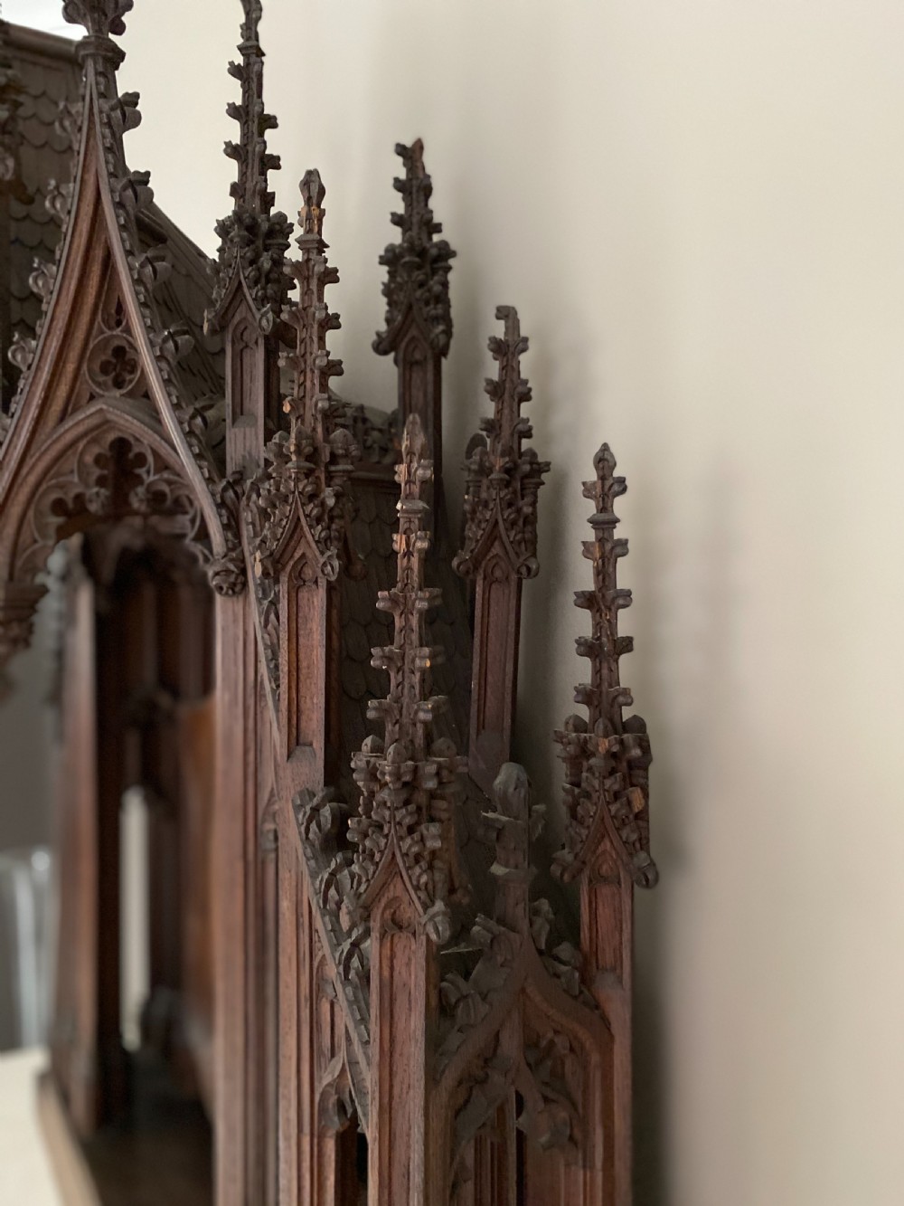 Large Gothic 19th Century Carved Oak Alter Overmantel Panel View IV