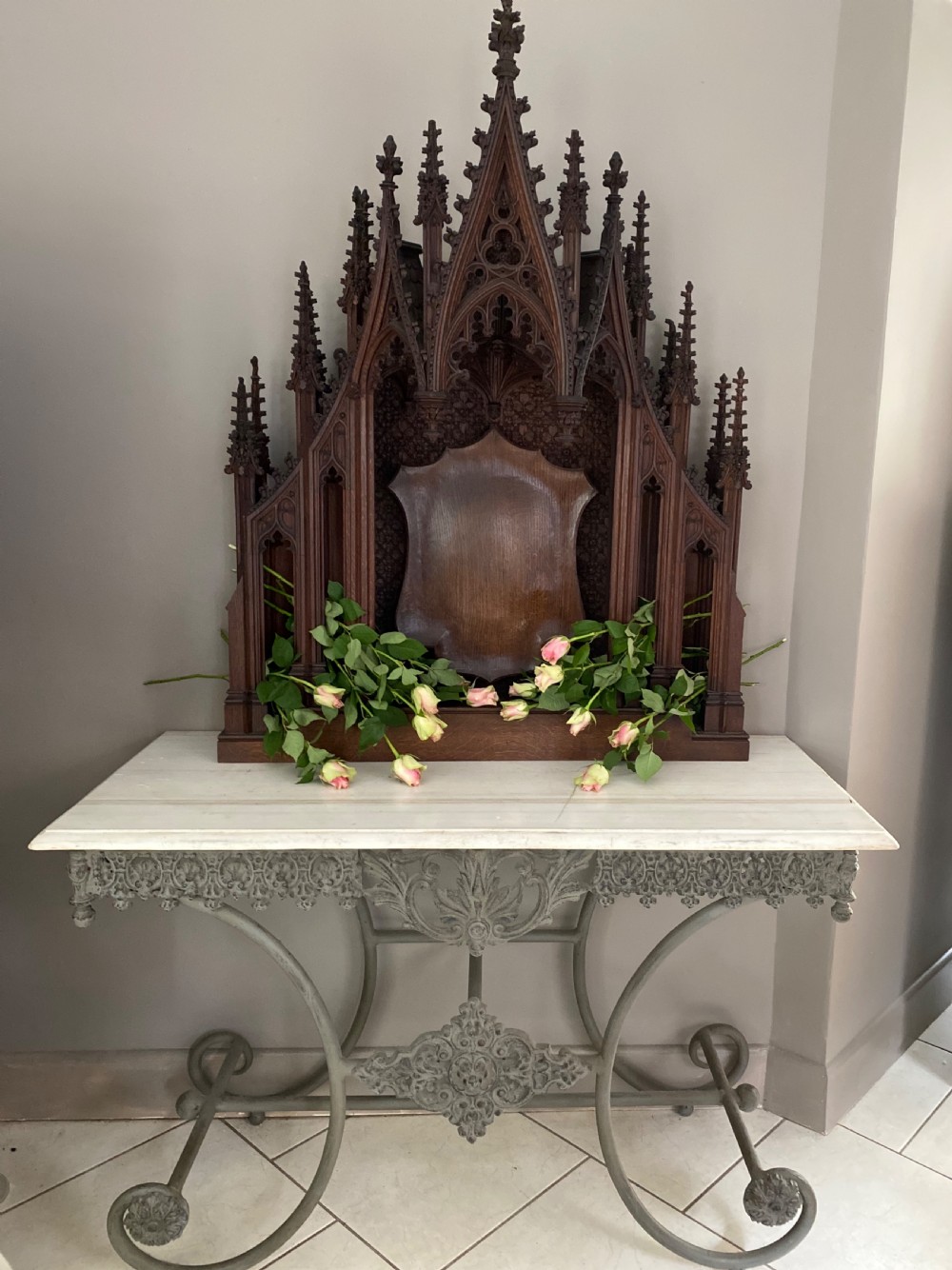 Large Gothic 19th Century Carved Oak Alter Overmantel Panel View VII
