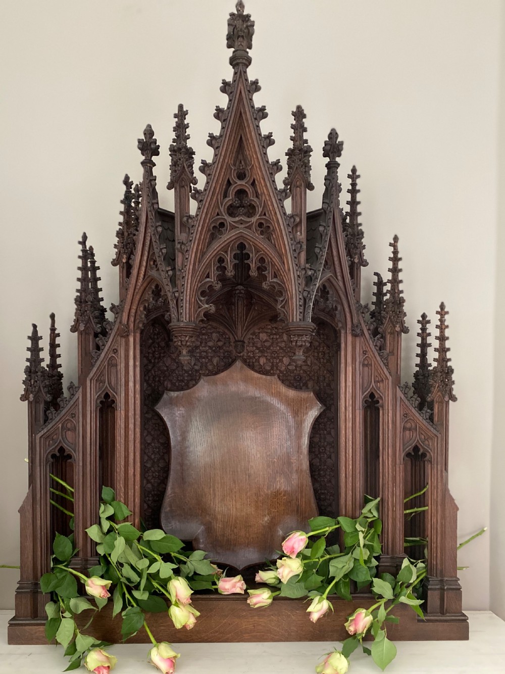 Large Gothic 19th Century Carved Oak Alter Overmantel Panel View VIII