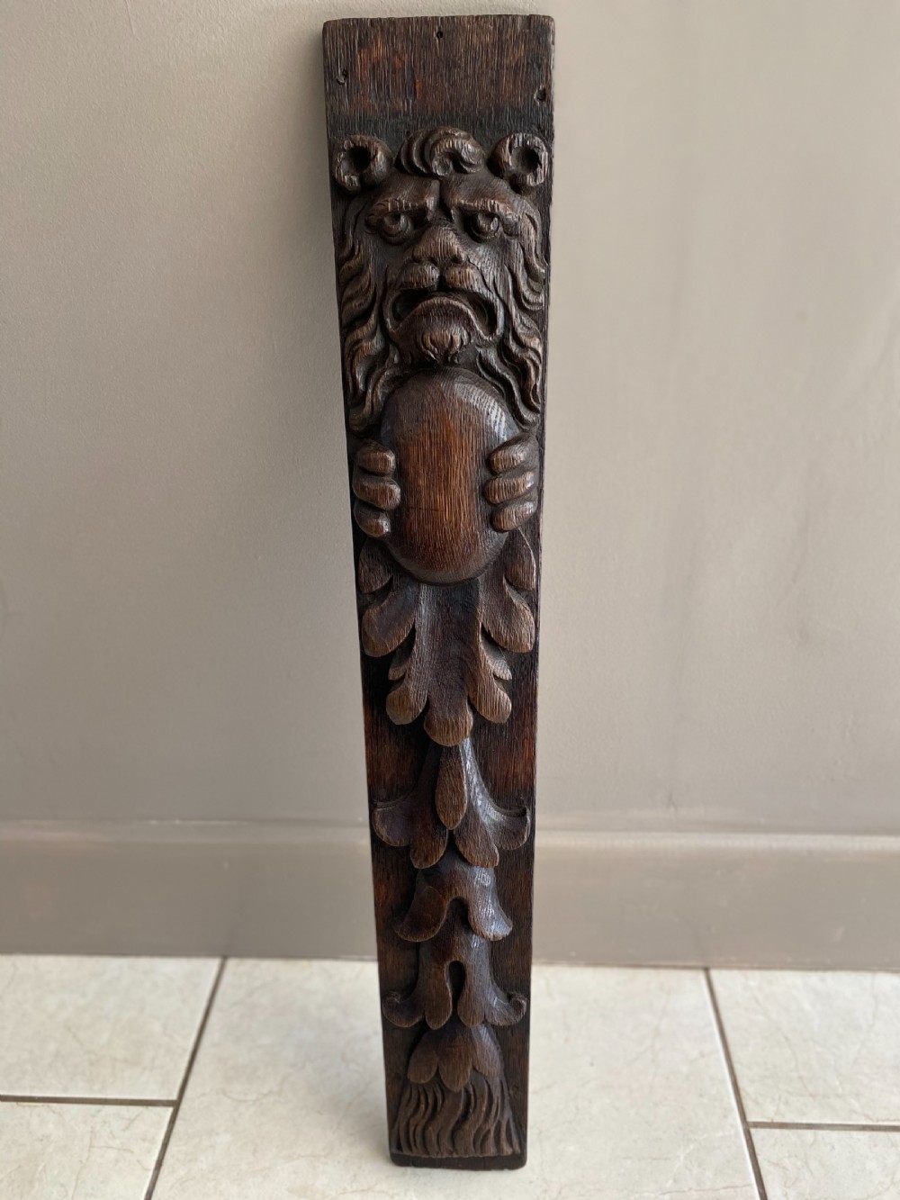 19th Century Carved Oak Rampant Lion with Cartouche
