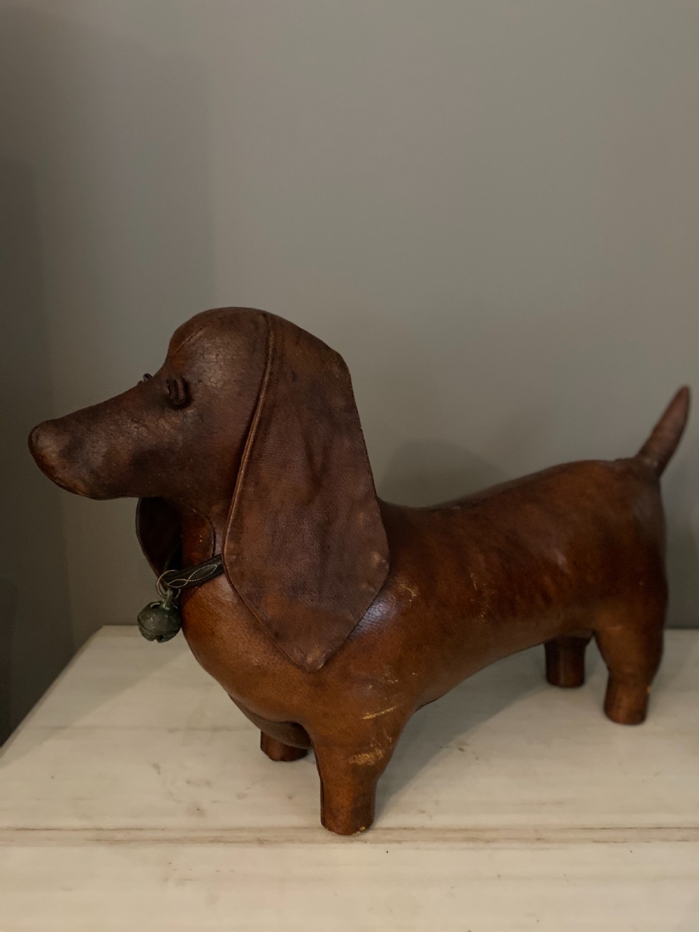 RARE Antique Valentini Leather Dachshund Dog Stool