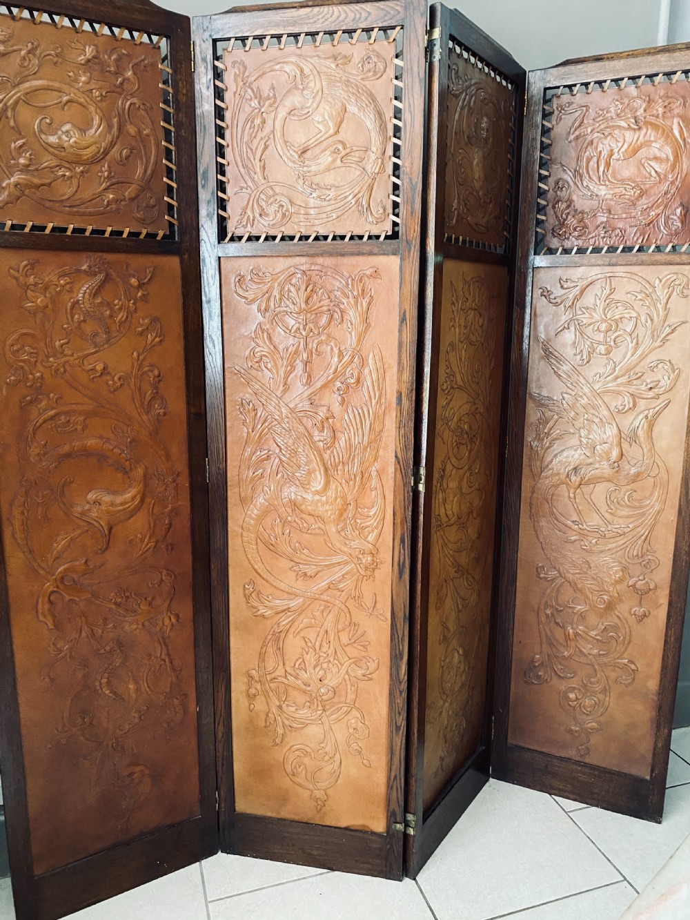 Arts & Crafts Embossed Birds and Dragons Leather Screen