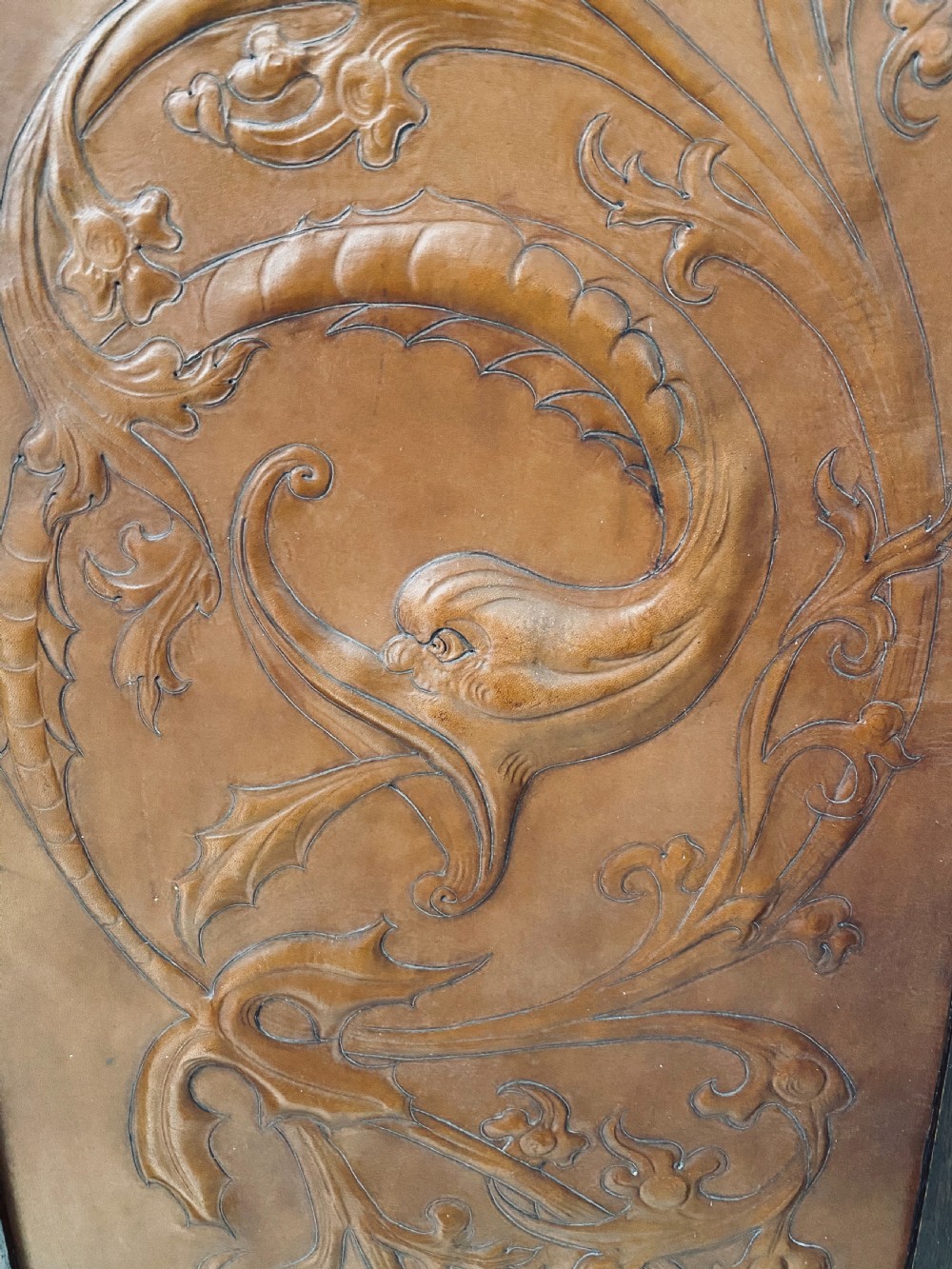 Arts & Crafts Embossed Birds and Dragons Leather Screen View II
