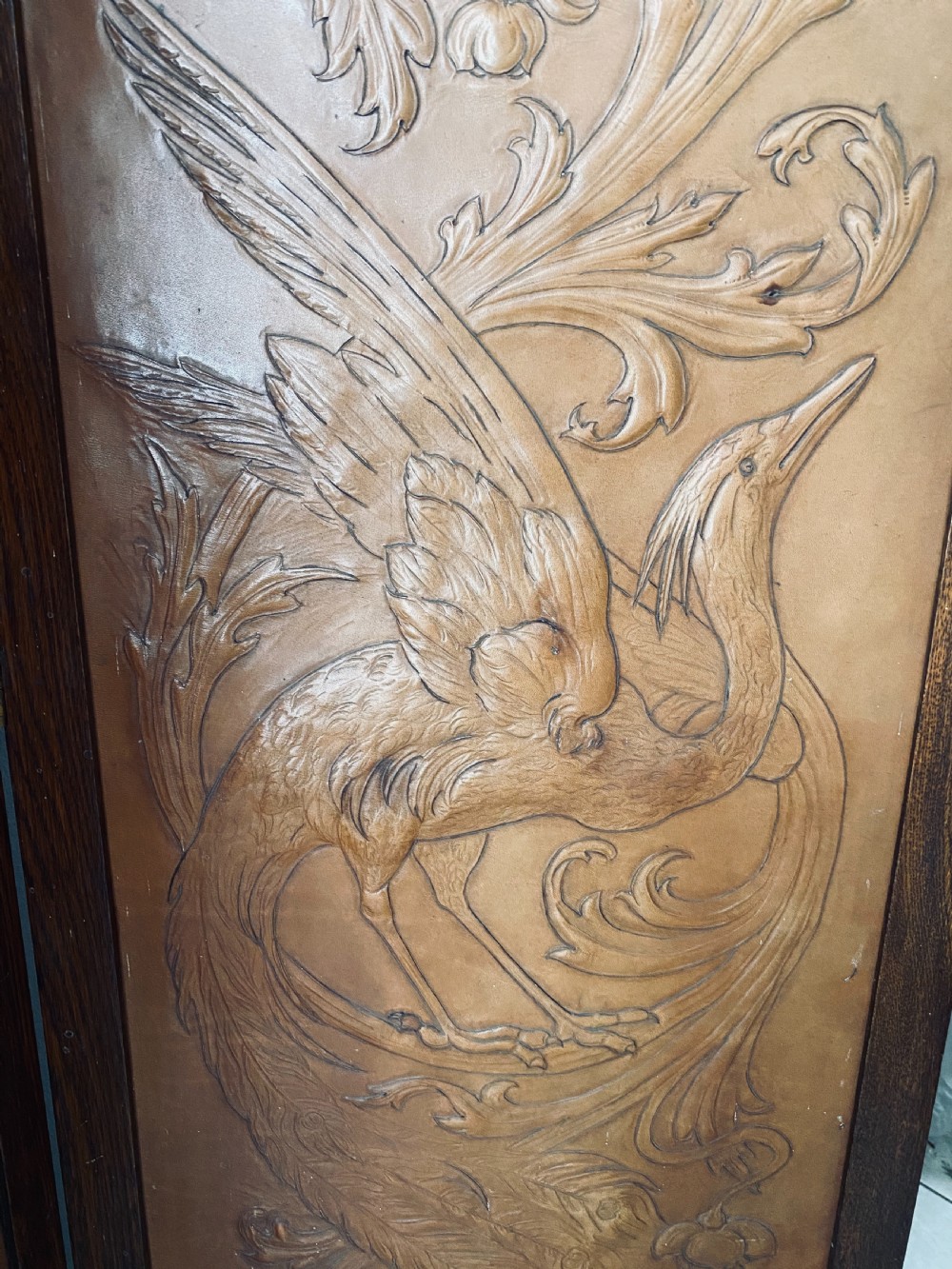 Arts & Crafts Embossed Birds and Dragons Leather Screen View III