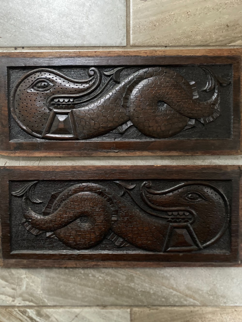 Pair 18th Century Carved Oak Dragon Panels