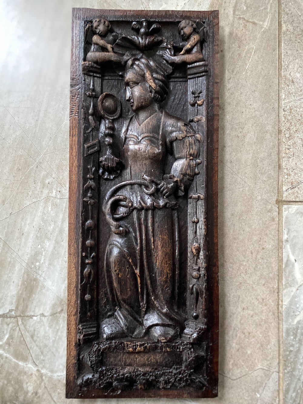 16th Century Carved Oak Panel CARDINAL VIRTUE 'Prudence'