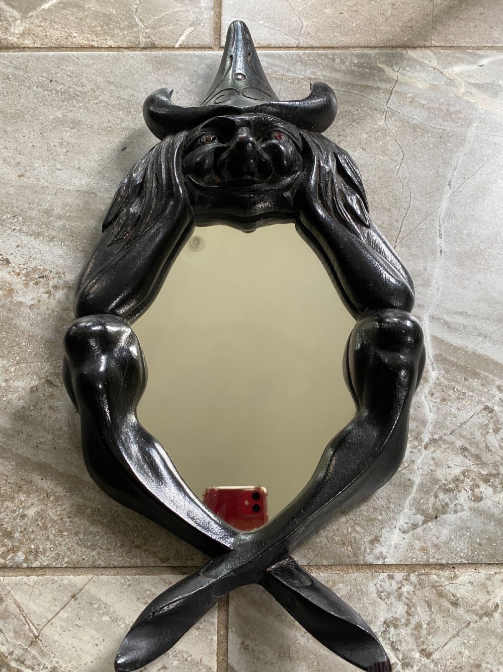 RARE 19th Century Carved Wooden Witches Mirror
