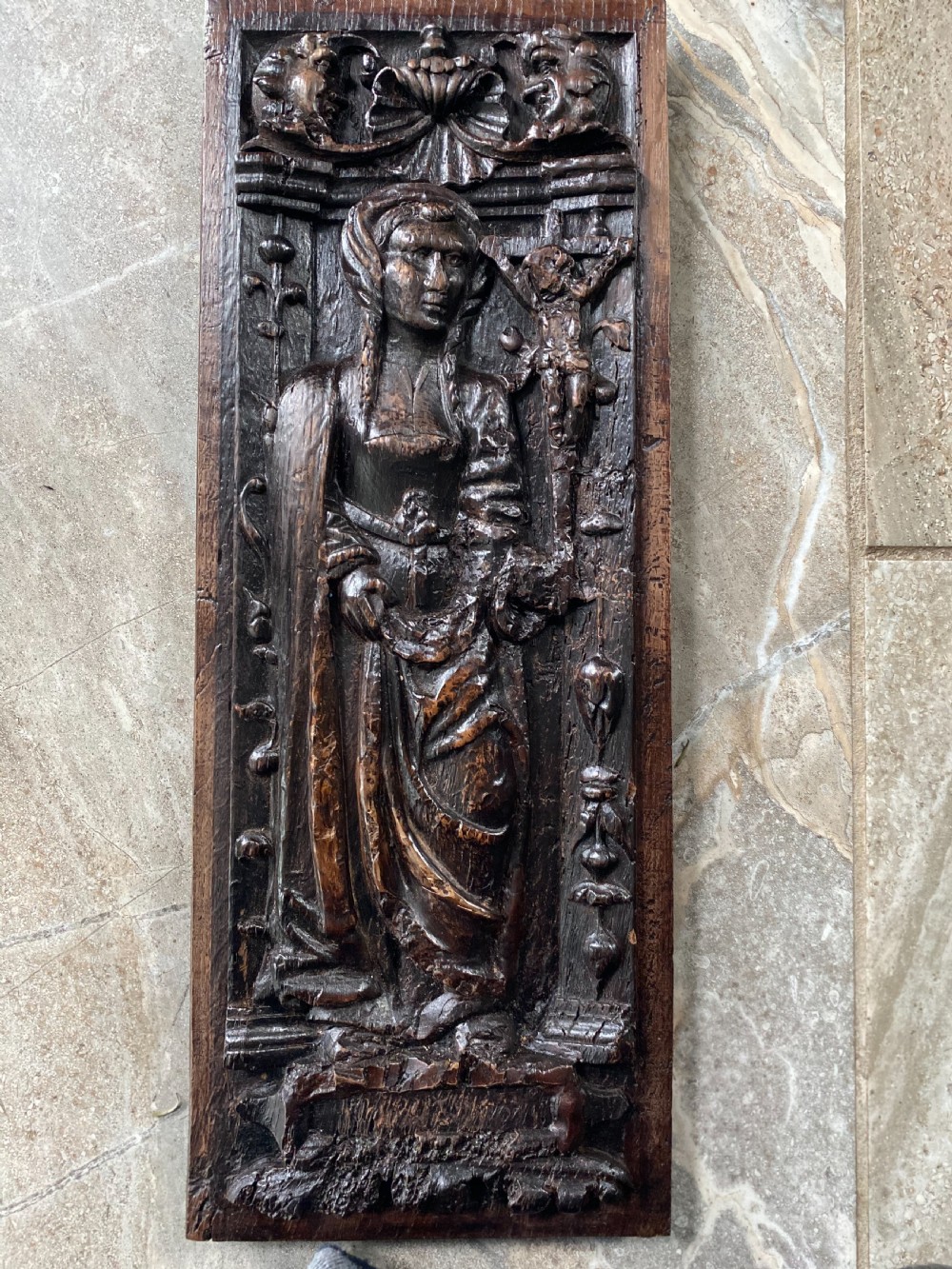 16th Century Carved Oak Gothic Cardinal Virtue CHARITY Panel 
