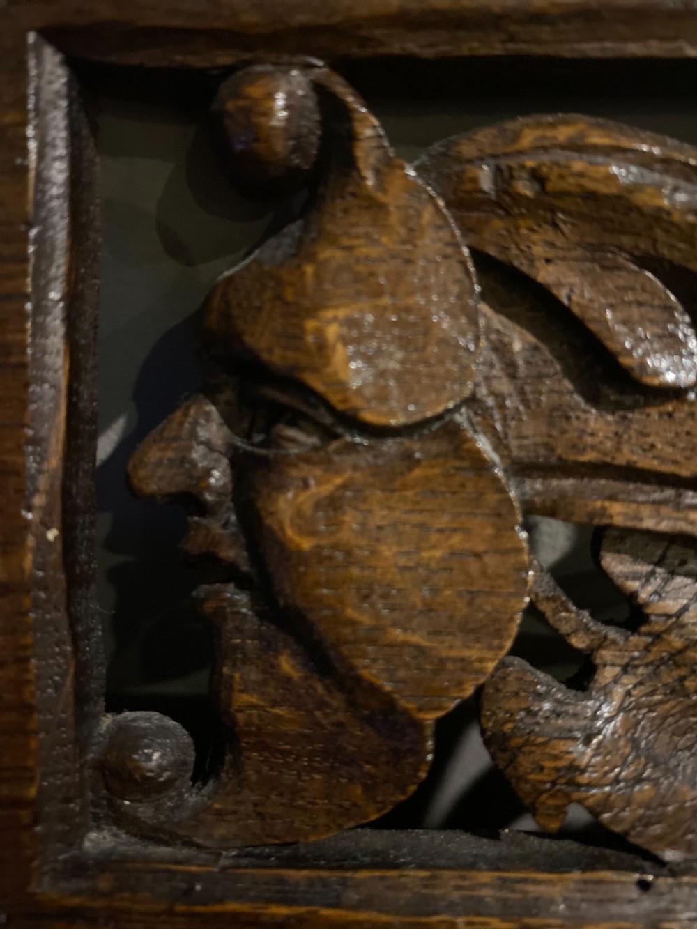 Rare Carved Oak Whimsical Pierced Green Man Panel View II