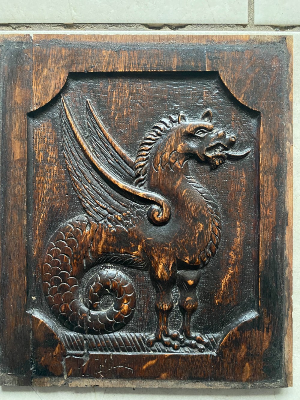 Georgian Carved Oak Hippocampus Seahorse Panel 