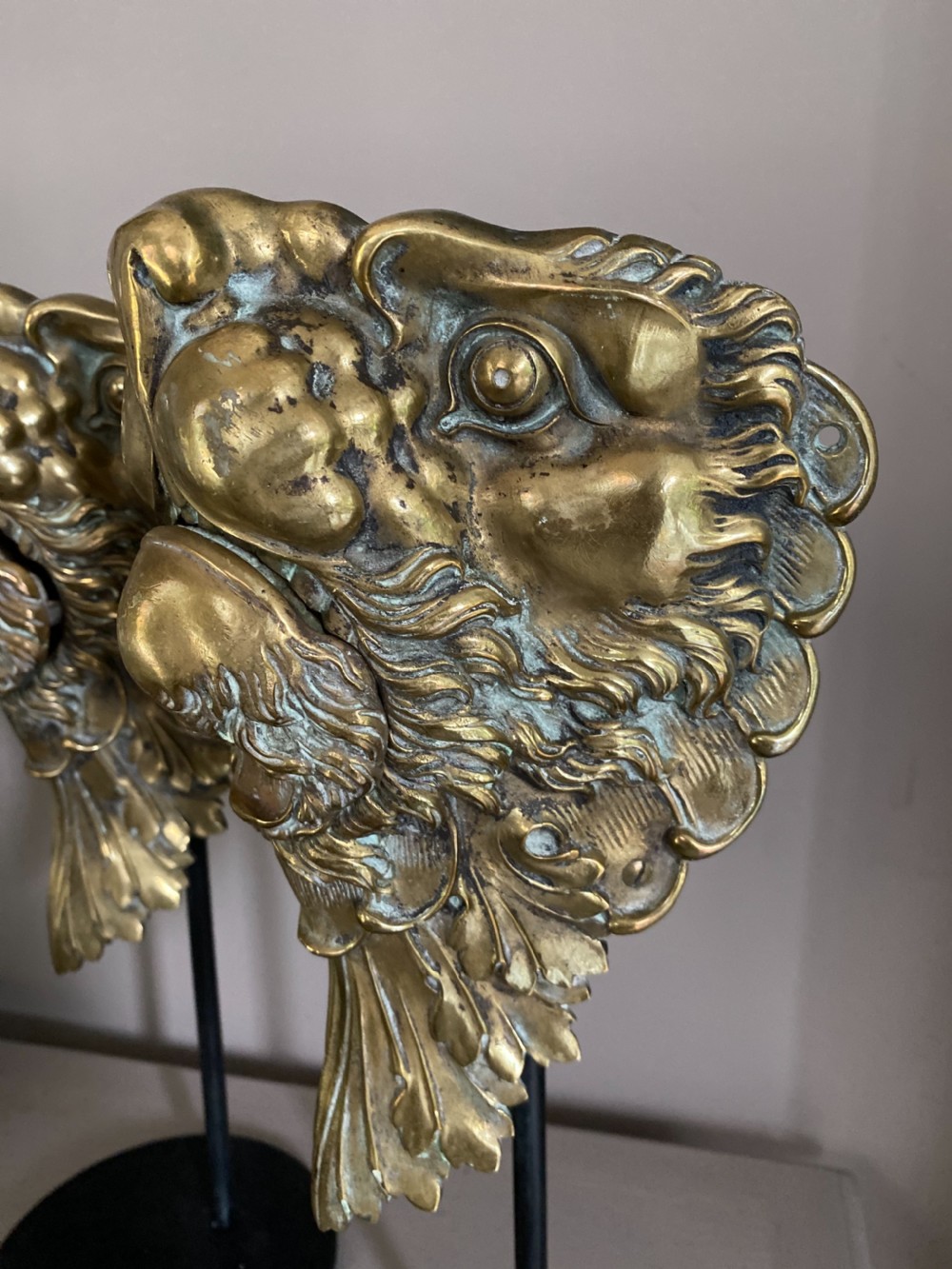 RARE 19TH CENTURY BRONZE LION HEAD BILLIARD TABLE POCKETS View II