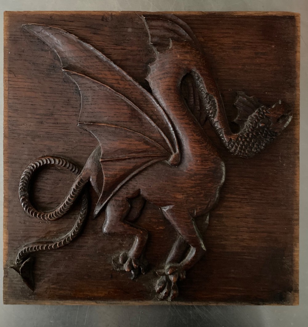 Arts & Crafts Carved Oak Dragon Panel