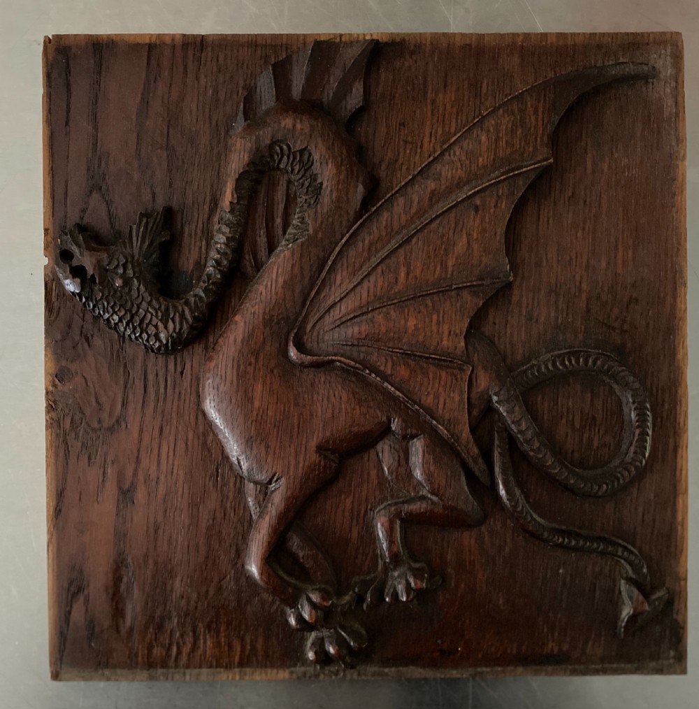 Arts & Crafts Carved Oak Winged Dragon Panel