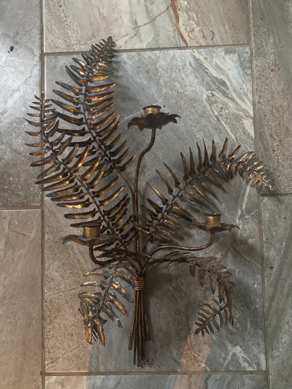 Vintage Toleware  Gilt Iron Sconce Fern Branches