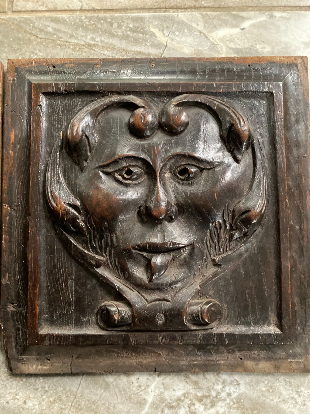 18th Century Carved Oak Whimsical Heart Shaped Male Face