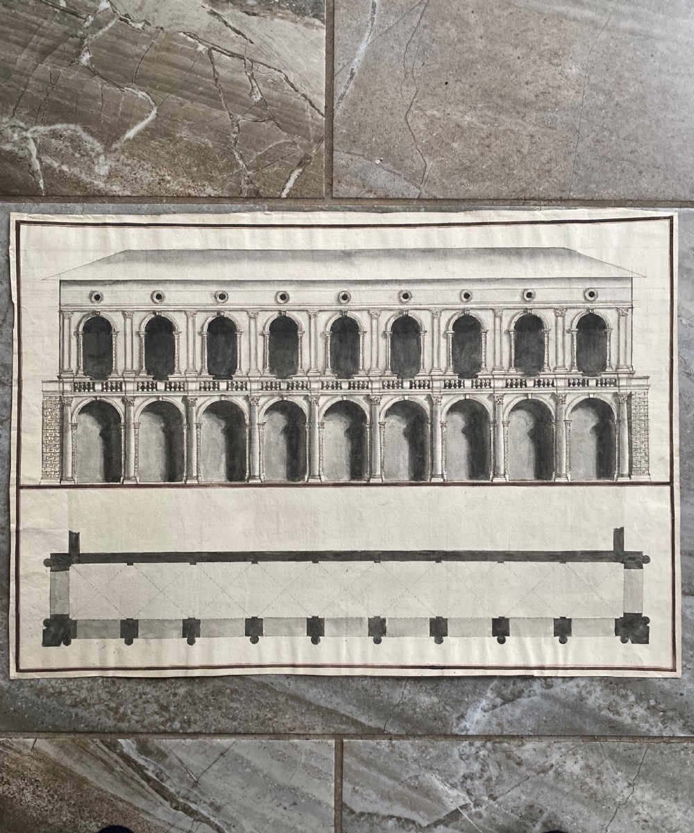 Rare 17th Century Italian Barque Architectural Palazzo del Podesta Pen & Ink Painting