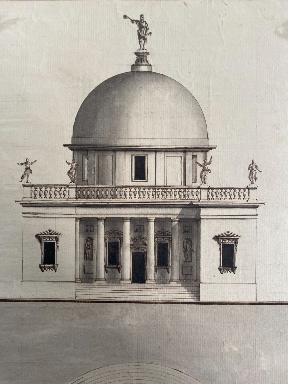 17th Century Italian Architectural Pen & Ink Tempietto Drawing with Statue View II