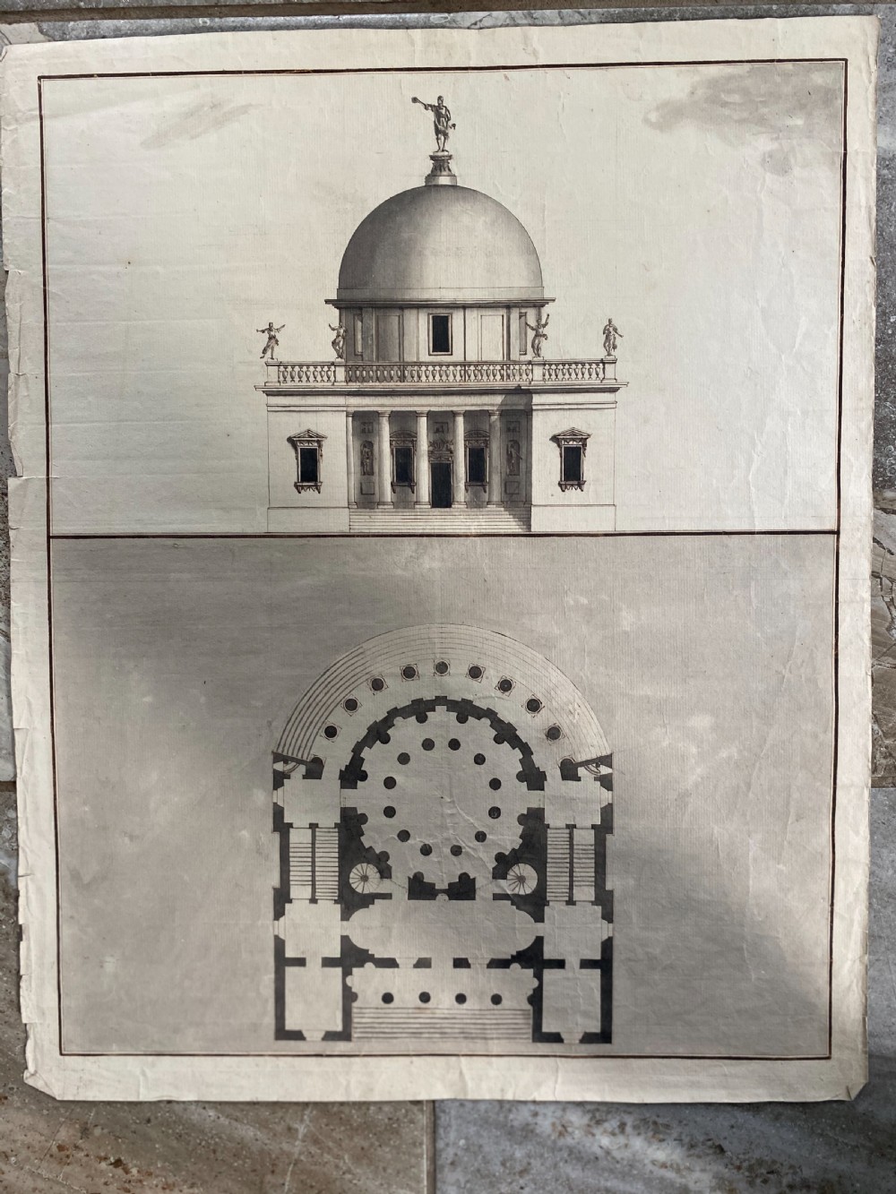 17th Century Italian Architectural Pen & Ink Tempietto Drawing with Statue View IV