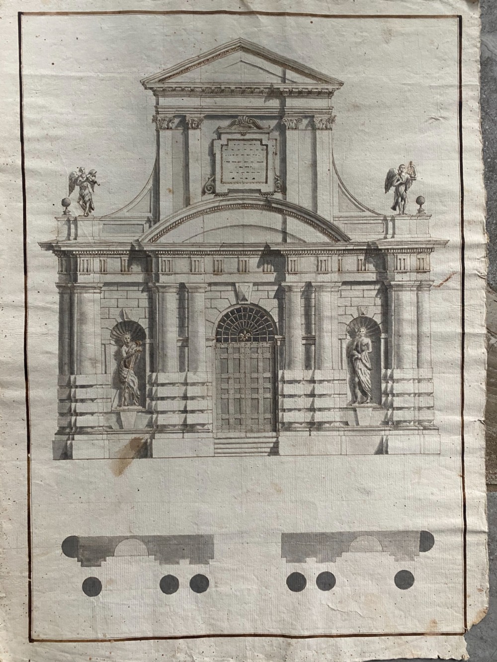 17th Century Baroque Italian Architectural Church Pen & Ink Wash Drawing
