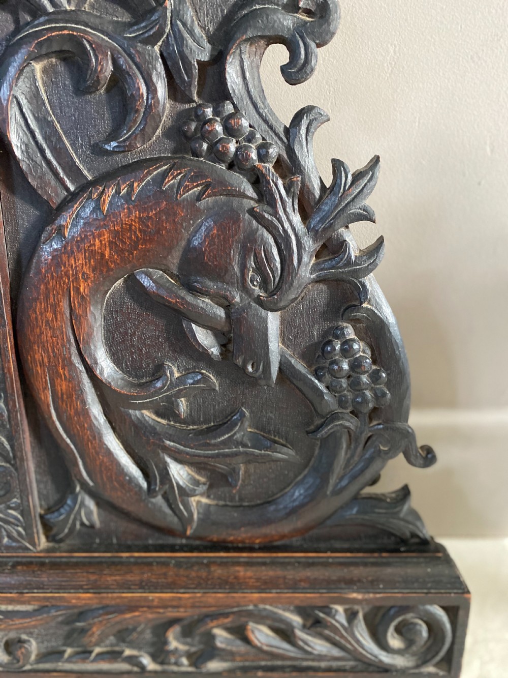 19th Century Carved Oak Mythical Ouroboros snake Overmantel Mirror View II