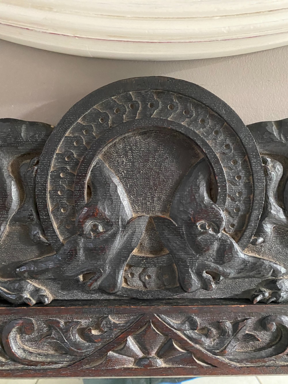 19th Century Carved Oak Mythical Ouroboros snake Overmantel Mirror View IV