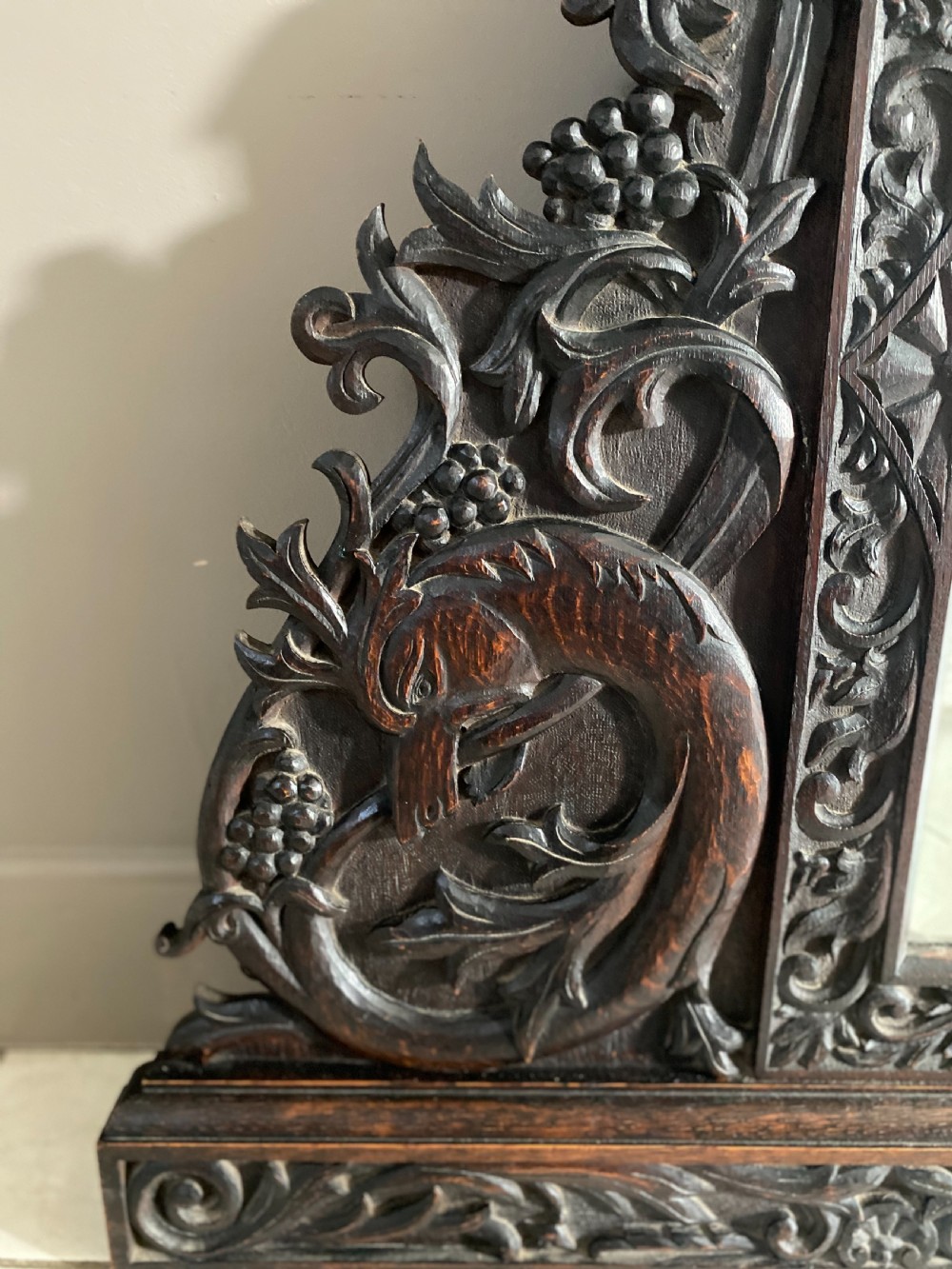19th Century Carved Oak Mythical Ouroboros snake Overmantel Mirror View V