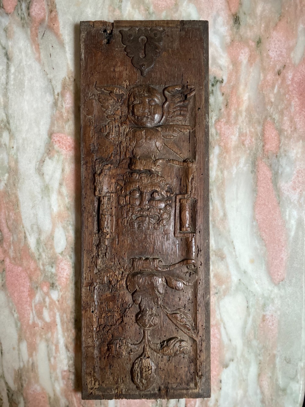 16th Century Carved Oak Angel Green Man Panel. 