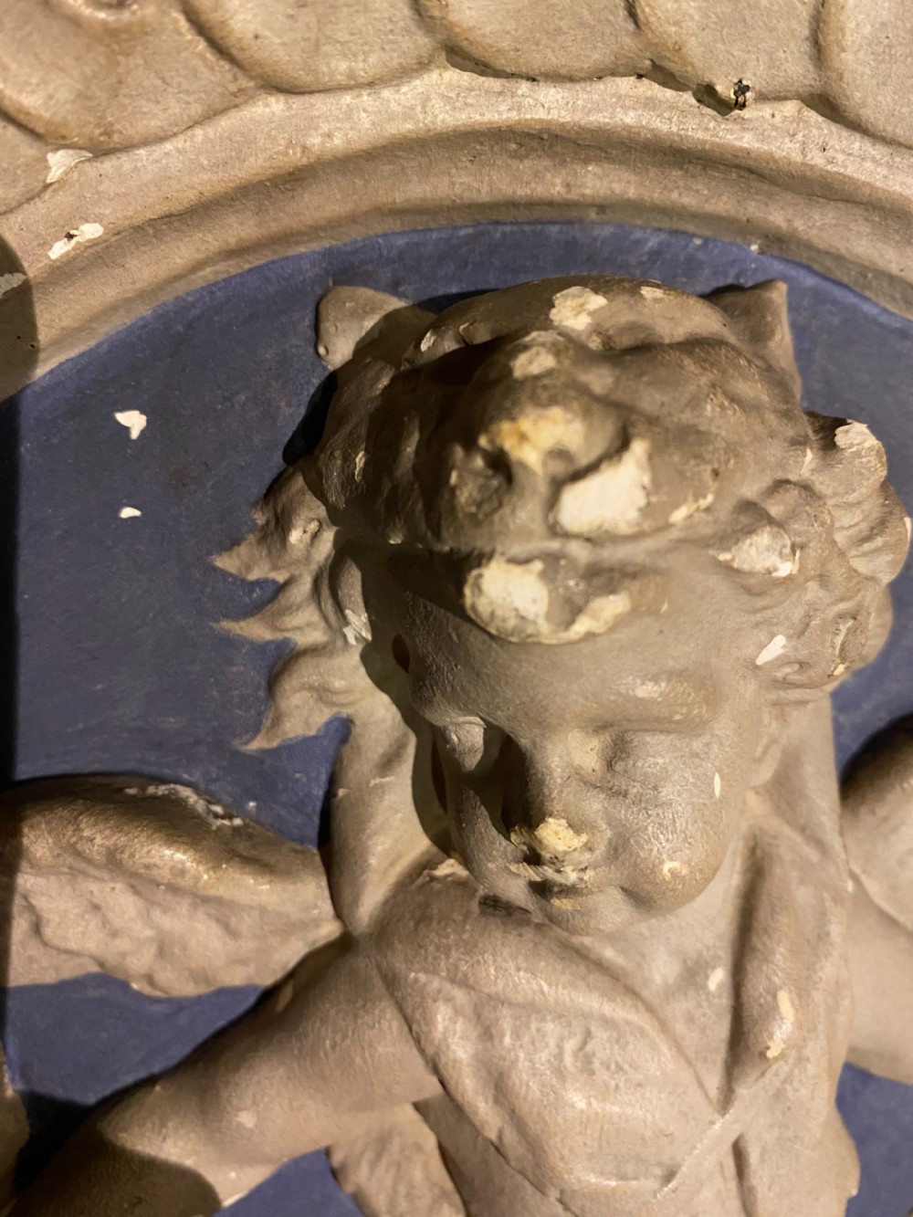 19th Century Plaster Plaque of a Winged Cherub View II